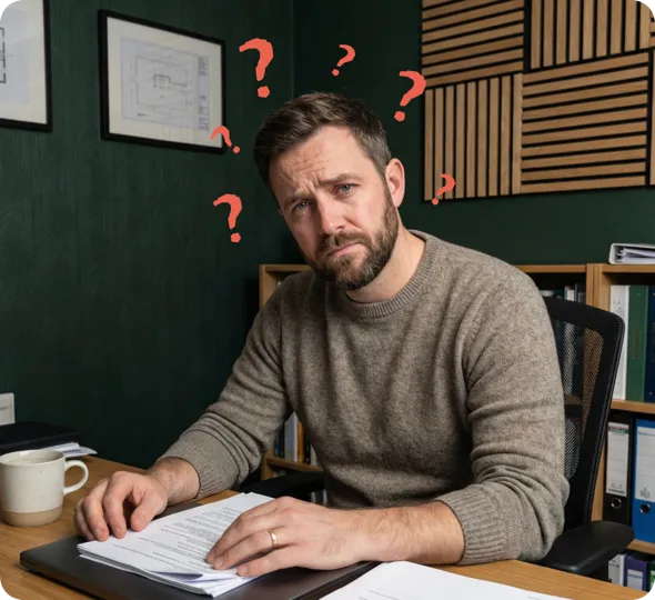 Business owner struggling with accounting paperwork at desk